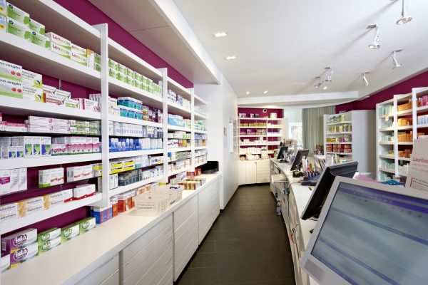 View on shelves and counter of a pharmacy
